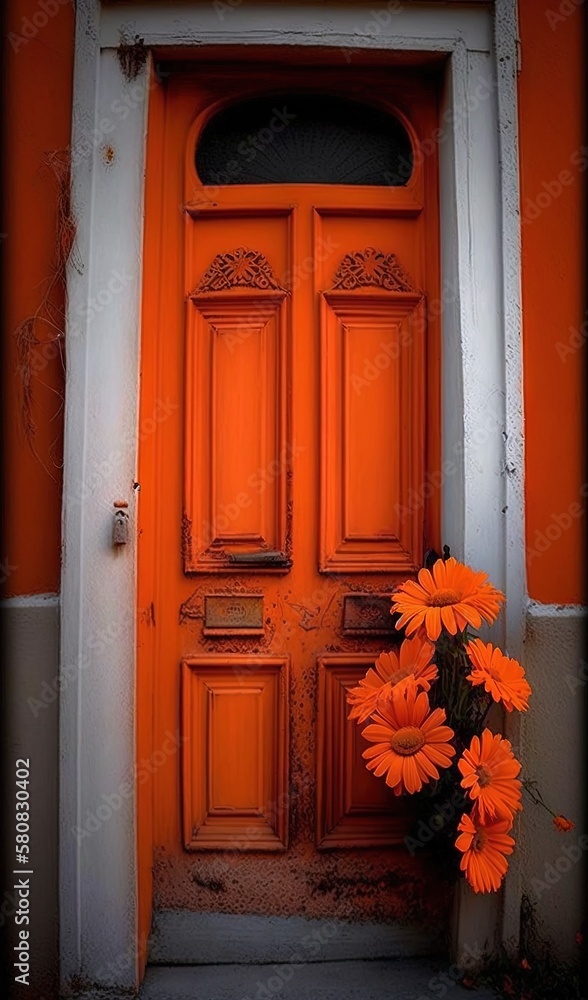  a bright orange door with a vase of flowers in front of it and a black cat sitting on the door sill