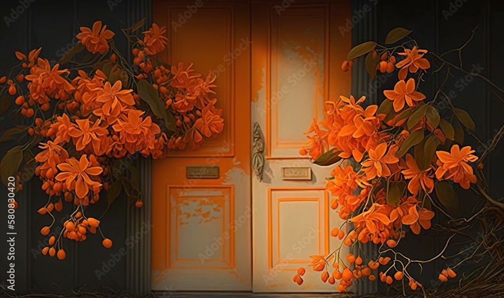  a painting of a door with orange flowers on the side of it and a cat laying on the ground in front 