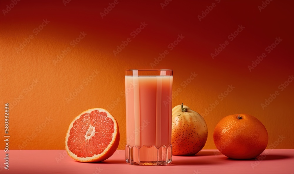  a glass of orange juice next to a grapefruit and a grapefruit on a pink surface with oranges in the
