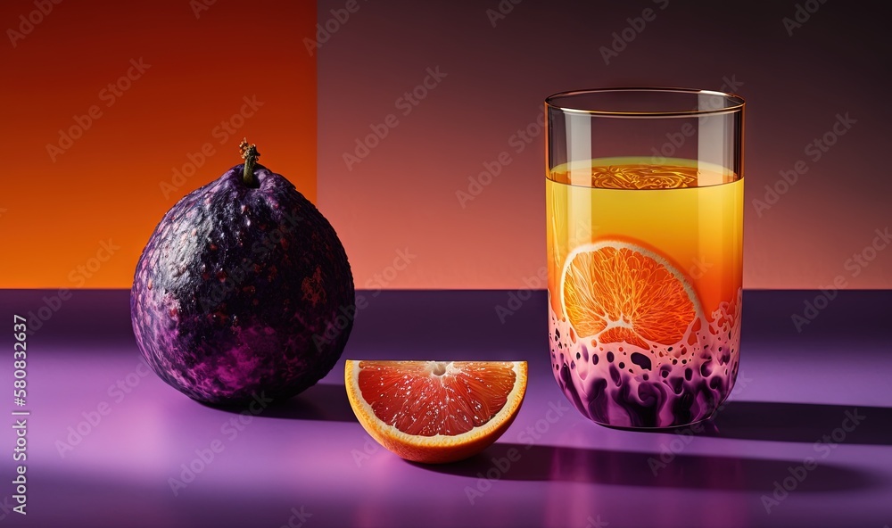  a glass of orange juice next to a grapefruit on a purple surface with a half of the fruit in front 