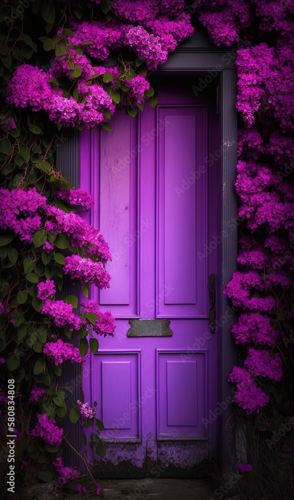  a purple door surrounded by purple flowers on a wall of purple flowers and vines on the outside of 