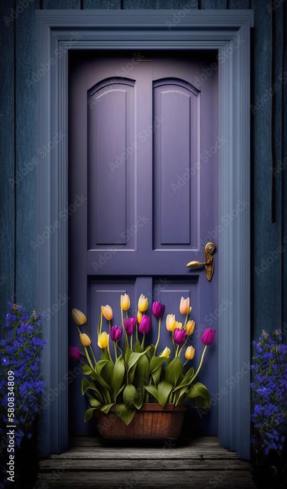  a purple door with a basket of tulips in front of it and purple flowers in front of the door and a 