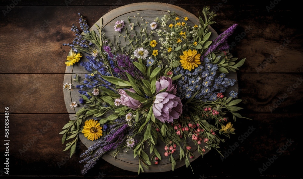 a bunch of flowers are arranged in a circle on a table top with a wood background and a wooden tabl