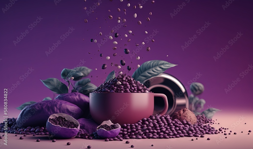  a purple background with a cup of coffee surrounded by purple beans and leaves and sprinkles of see