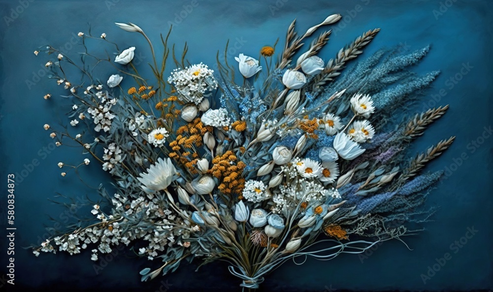  a painting of a bouquet of flowers on a blue background with white and orange flowers in the center