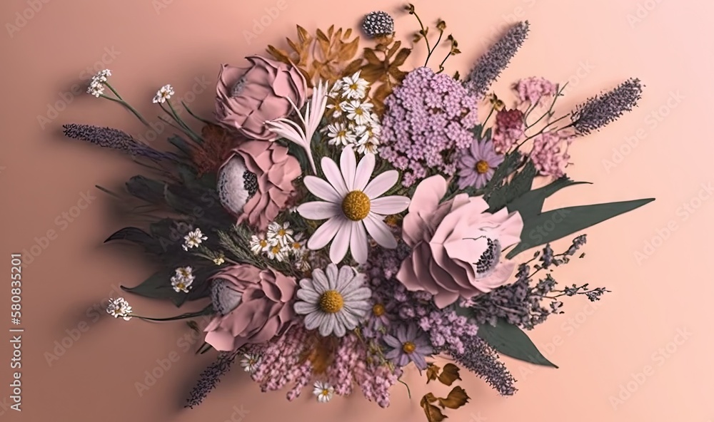  a bouquet of flowers on a pink background with leaves and flowers in the center of the bouquet is a