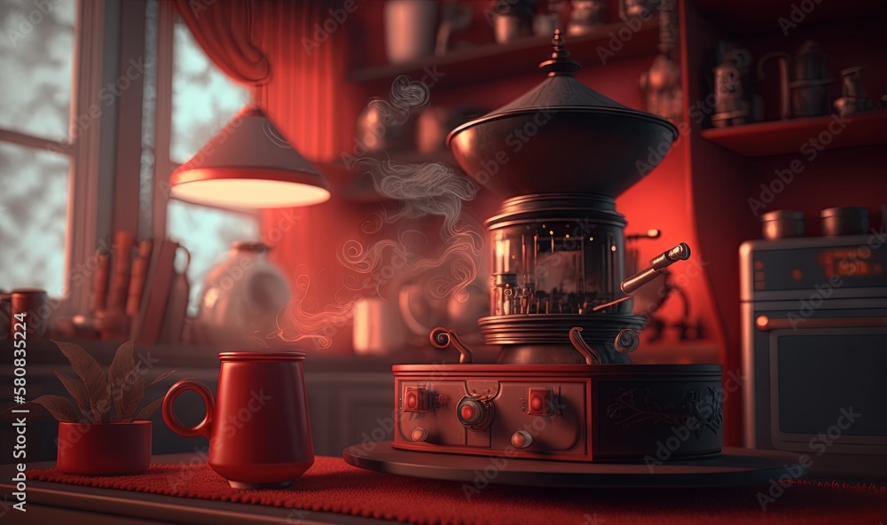  a red room with a coffee pot and a red coffee pot on a table next to a red coffee pot and a red cof