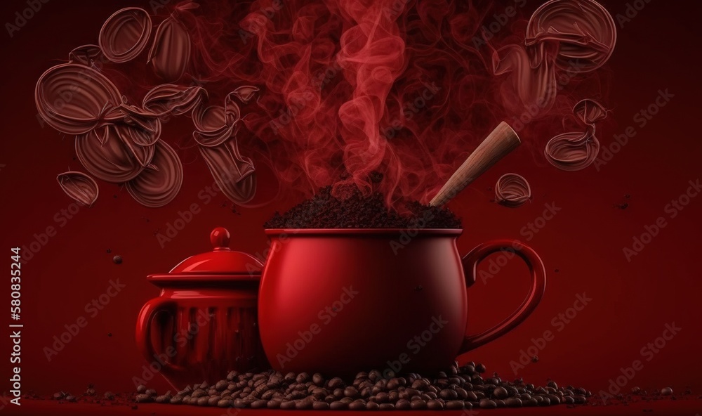  a red coffee pot and a red coffee pot filled with coffee beans and steam coming out of the top of t