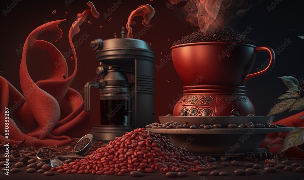  a red coffee pot sitting on top of a pile of coffee beans next to a red coffee pot with steam comin