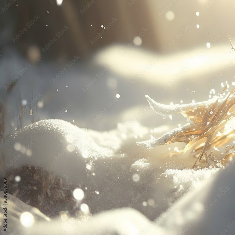  a close up of a snow covered field with sun shining through the snow and grass sticking out of the 