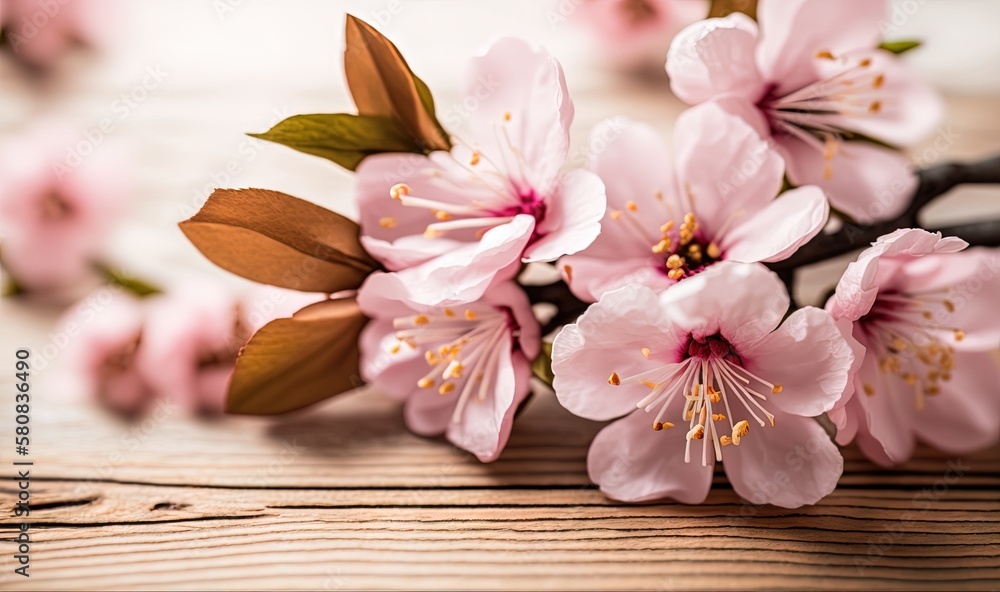  a close up of pink flowers on a wooden table with a blurry back drop of light in the middle of the 