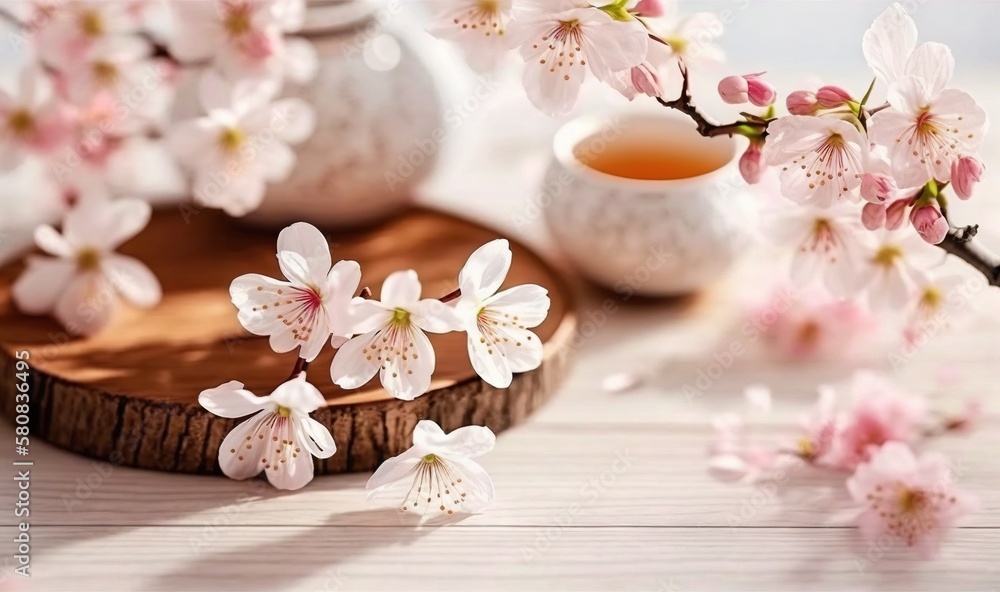  a close up of a vase with flowers on a wooden table next to a branch of cherry blossoms and a teapo