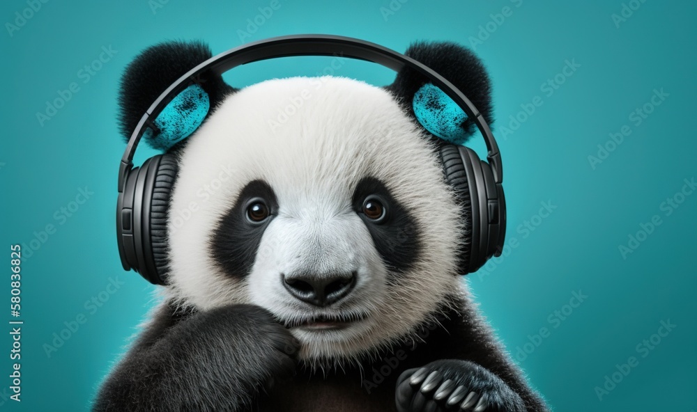  a panda bear with headphones on its head and a blue background with a black and white panda bear wi