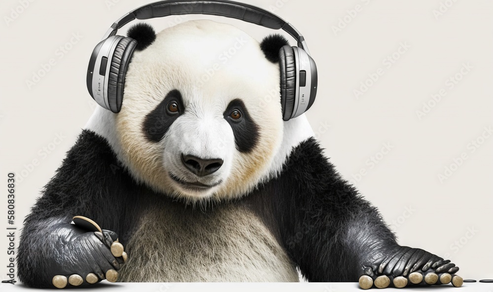  a panda bear wearing headphones and holding a microphone to its ear with its paws on a table with a