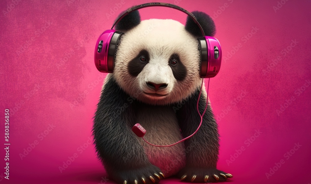  a panda bear wearing headphones and listening to music on a pink background with a pink background 