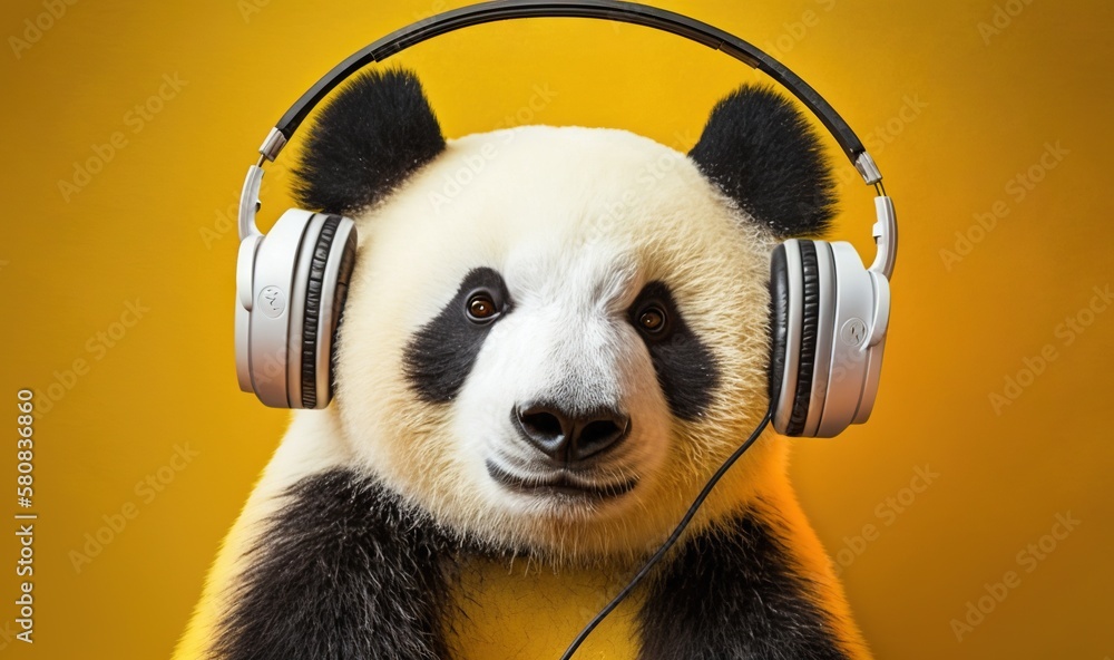  a panda bear wearing headphones and looking at the camera with a surprised look on its face, with a