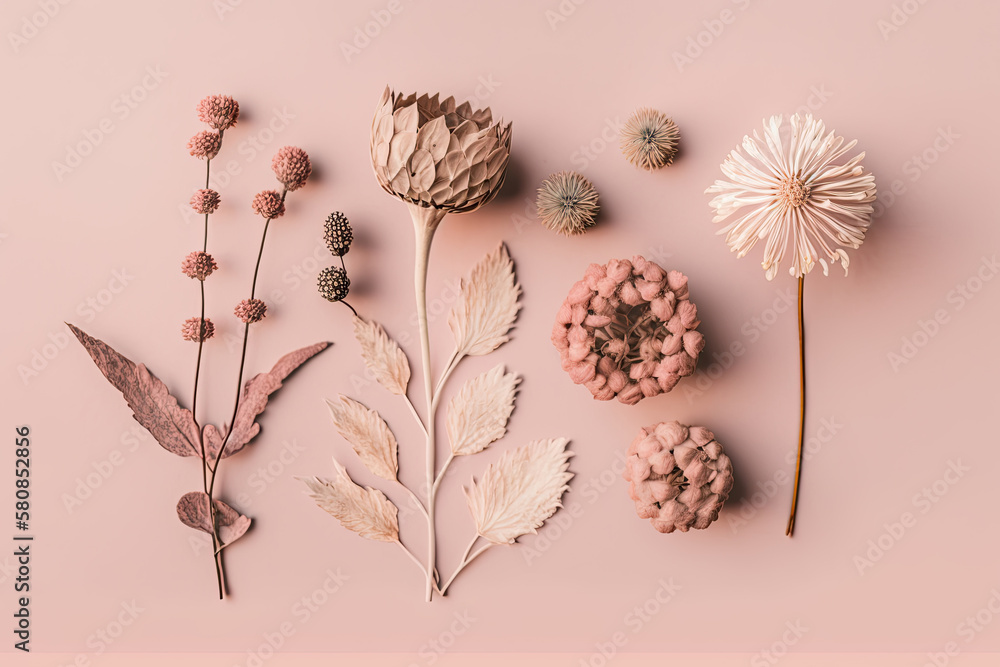 Top view image of pink dry flowers over pastel background. Illustration AI Generative