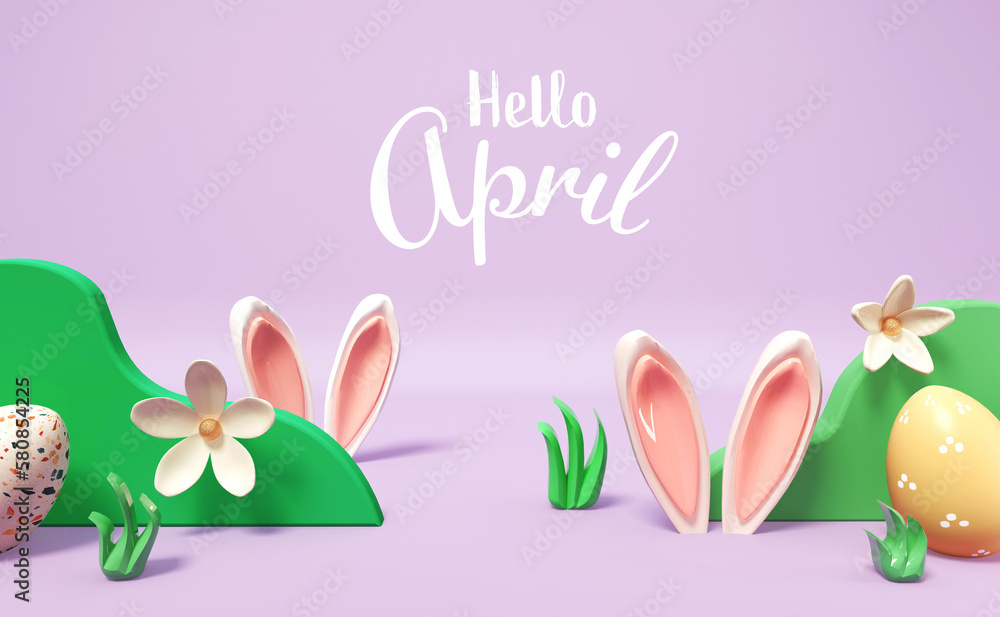 Hello April message with rabbit ears and Easter eggs