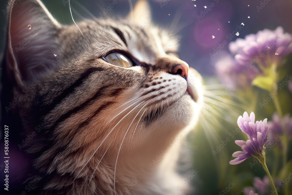 A close up image of A cat closes her eyes and detects aroma in the gardens air. Generative AI