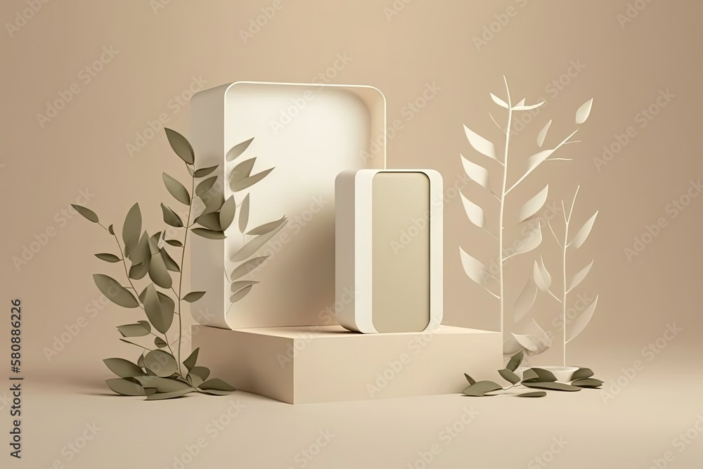 Abstract minimal nature scene with shadows of leaves on a beige background and two white podiums in 