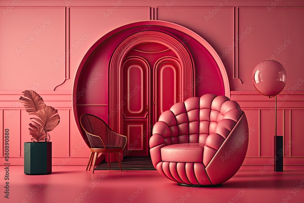 Interior of pink living room with red leather armchair standing on round carpet near pink folding sc