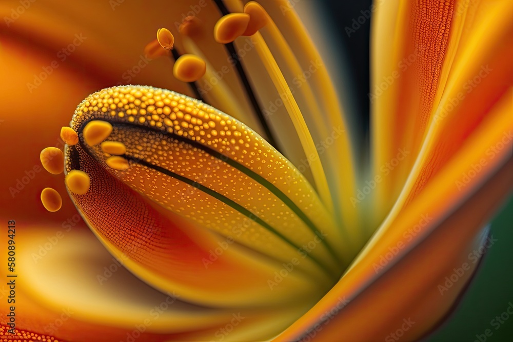 Nature close up macro image of an orange lily flowers interior, showing visible pollen, taken outsi