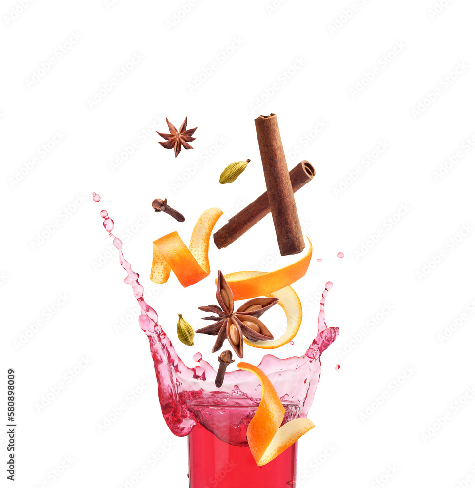 Mulled wine with spices on a white background