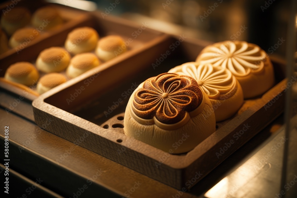 Detailed shot of freshly baked bread on a wooden tray in a Japanese bakery in Tokyo. Generative AI