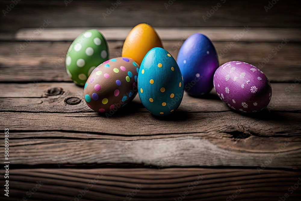 Easter eggs in various colors on a wood background. Generative AI