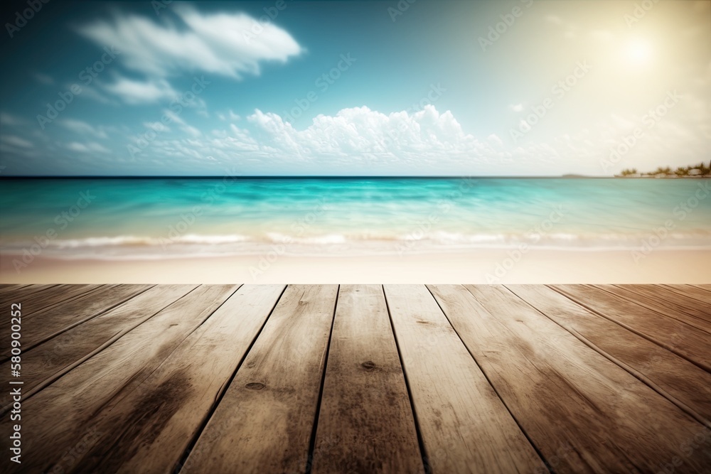 The blur cool sea background with wood floor foreground on horizon tropical sandy beach; relaxing ou