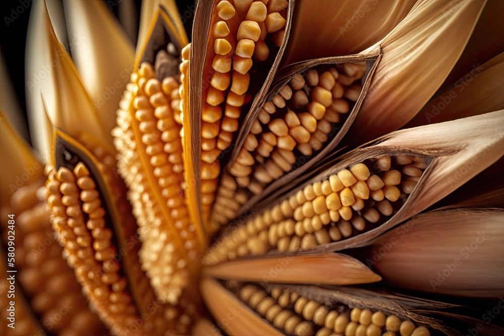 An excellent close up of some dried maize ears revealing the kernels. Generative AI