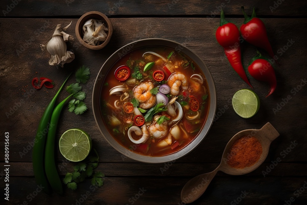 Tom Yum Goong Spicy Sour Soup on wooden table top view, Thai local food. Generative AI