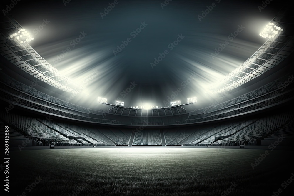 Football stadium, shiny lights, view from field. Generative AI