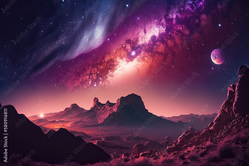 Landscape with purple Milky Way and red city lights. Night sky with stars and hills at summer. Amazi
