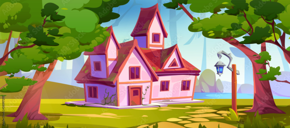Pink rural house on forest glade near lake. Vector cartoon illustration of country cottage building 