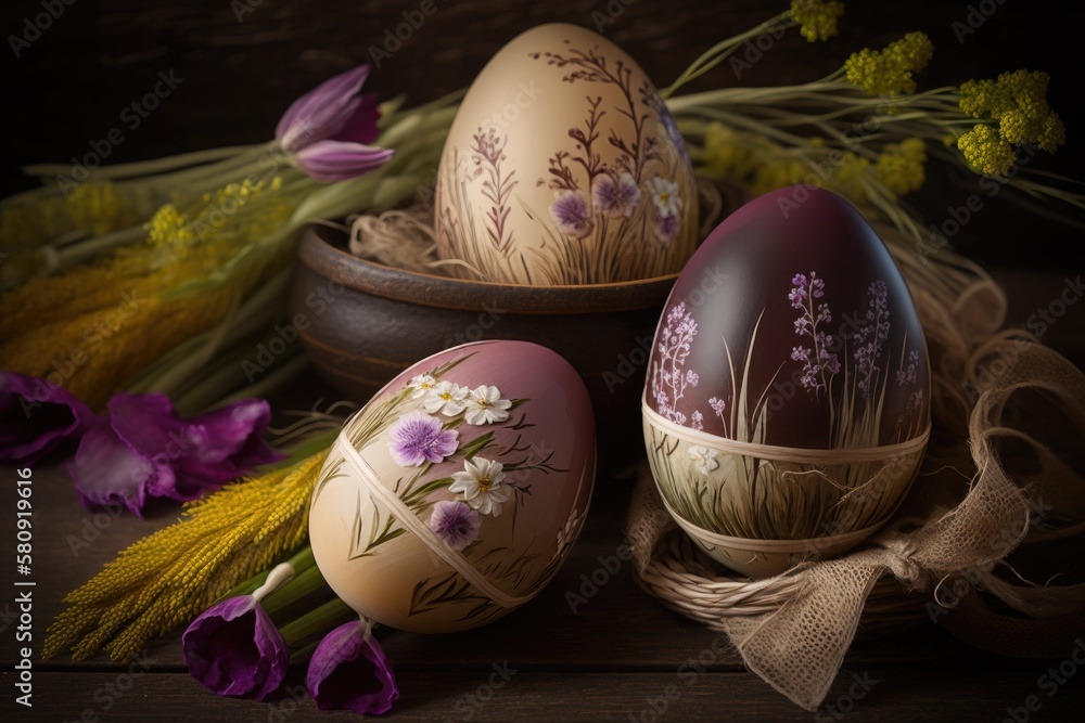 Easter Eggs in the Country Style, Decorated with Natural Grass and Flowers, and Boiling in Onion Pee