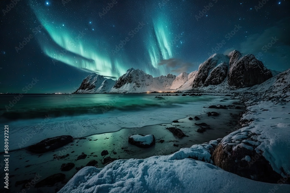 On the night sky, Northern Lights. Aurora Borealis over the Lofoten Islands Skagsanden beach. Norwa