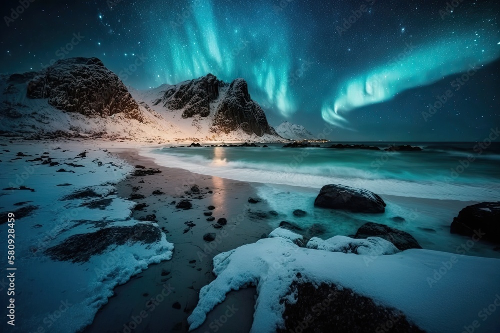 On the night sky, Northern Lights. Aurora Borealis over the Lofoten Islands Skagsanden beach. Norwa