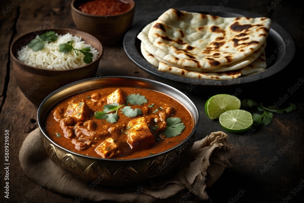 Popular North Indian lunch or dinner fare, Paneer Butter Masala or Cheese Cottage Curry, is served w