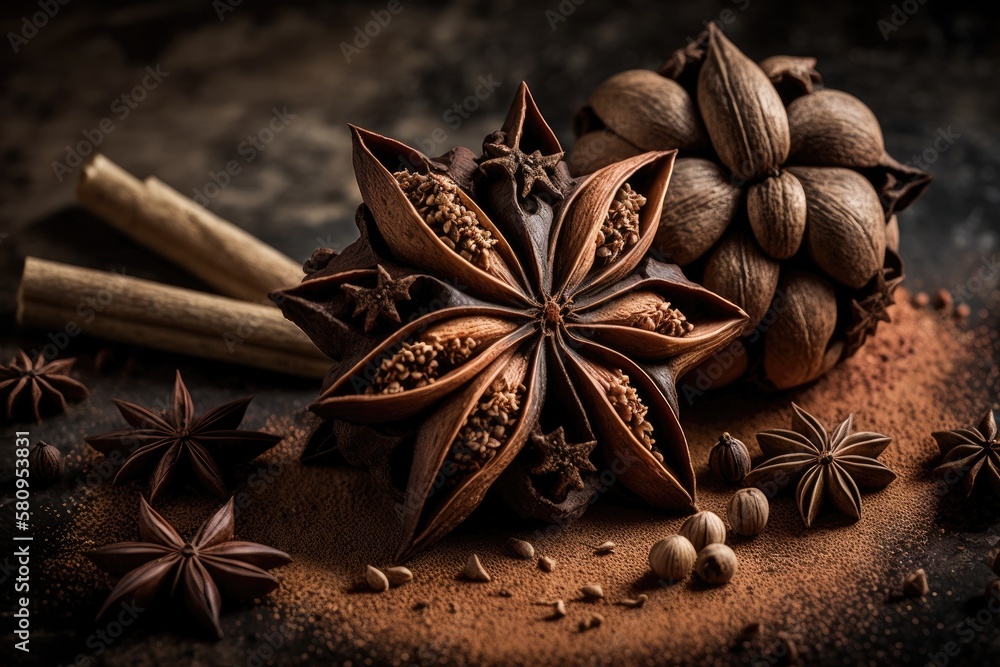 Traditional Christmas spices Star anise with cinnamon and cloves on dark rustic wooden background. G