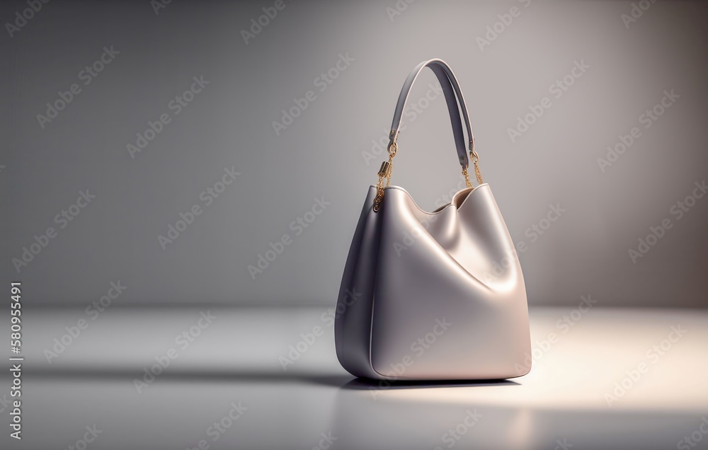 Beautiful trendy smooth youth womens handbag in gray pearl color on a light studio background. AI g