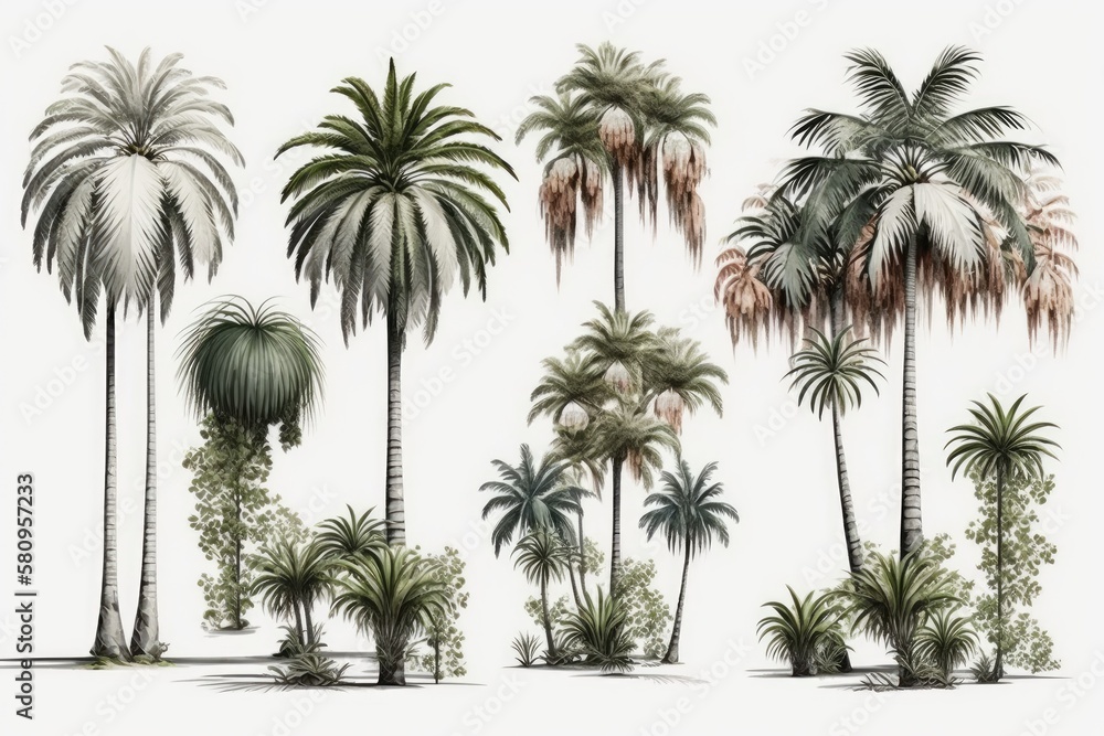 palm and coconut trees Collection of trees on a white backdrop, isolated. Summertime growth results 