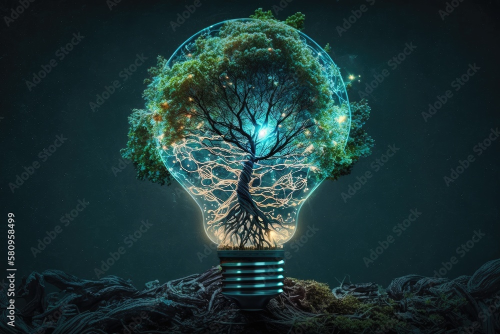 Lightbulb with a tree growing on it. Technology convergence as well as digital convergence. Backgrou
