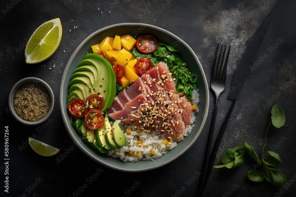 Tuna poke bowl with quinoa and vegetales. budda bowl. Quinua tuna salad on gray background. Generati