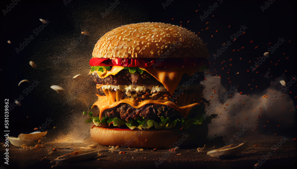 delicious fresh burger on a dark background. Generative AI