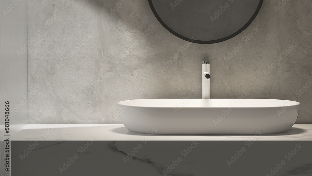 Minimal loft polished gray concrete cement bathroom vanity counter and wall, white oval ceramic wash