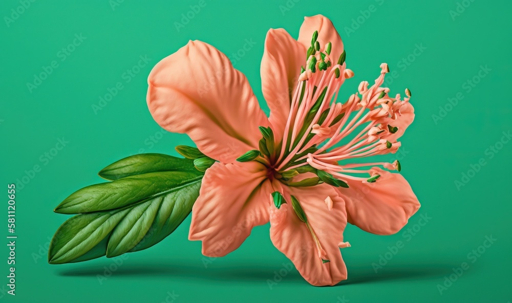  a pink flower with green leaves on a green background with a green background that has a green back