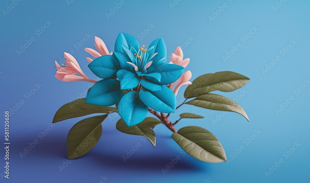  a blue flower with pink and green leaves on a blue background with a blue background and a pink flo