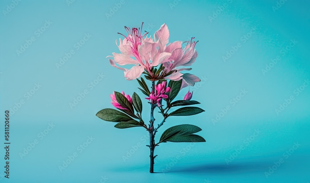  a single pink flower is on a blue background with a green leafy stem in the center of the picture i