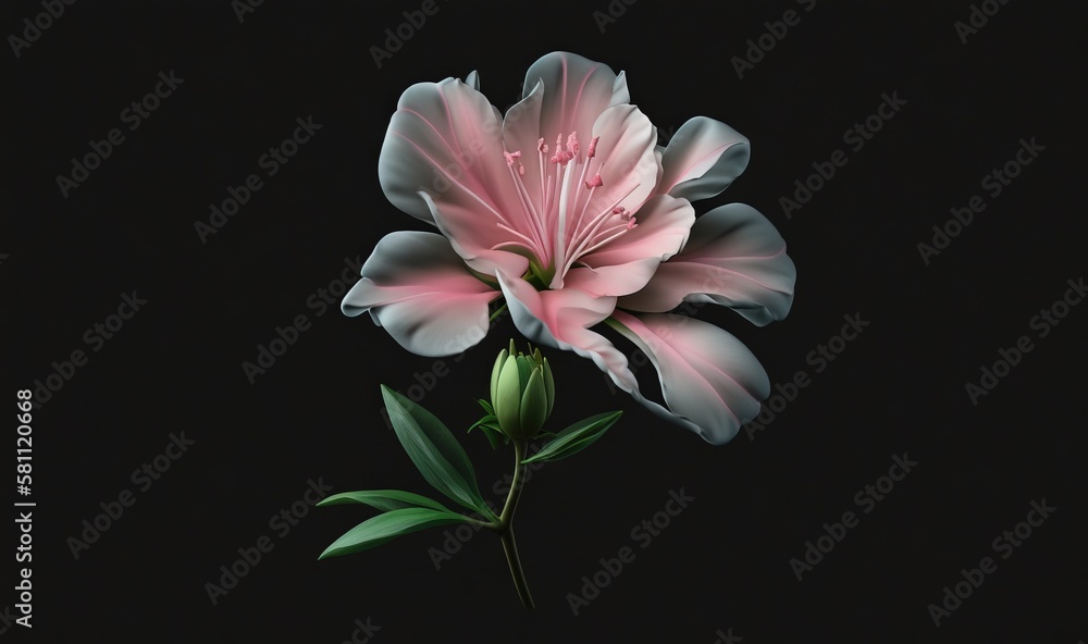  a single pink flower with green leaves on a black background with a black background and a black ba